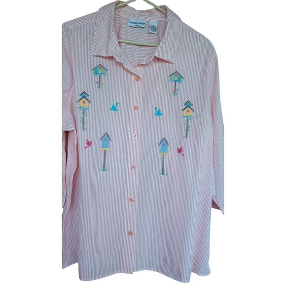 NWT Breckenridge Peach/White Button Up Shirt Embroidered Birdhouses Women's 2X - Picture 2 of 6